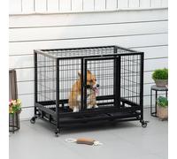 Pawhut Metal Kennel Cage With Wheels And Crate Tray For Pet Dog Medium Black Black