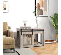 PawHut Dog Crate Furniture, Large Dog Cage with Barn Door for Medium Breeds, End Side Table Pet Kennel with Removable Cushion for Indoor Use, 80 x 54 x 57cm, Walnut Brown