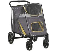 PawHut One-Click Foldable Pet Travel Stroller with Rain Cover, Cat Dog Pushchair with Universal Front Wheels, Shock Absorber, Storage Bags, Mesh Window, Safety Leash for Large and Medium Dogs (Grey)