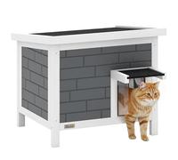 PawHut Outdoor Cat House Insulated, Wooden Weatherproof Feral Cat Shelter with Openable Asphalt Roof, Plastic Door Flaps, Rabbit Hutch for Bunnies, for Winter Outside, 61 x 51 x 53.5 cm, Grey