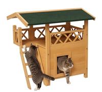 PawHut Outdoor Cat House Kitten Shelter Puppy Kennel with Balcony Stairs Asphalt Roof, 77 x 50 x 73 cm, Natural Wood Finish