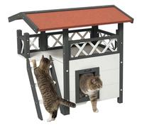 PawHut Outdoor Cat House Kitten Shelter Puppy Kennel with Balcony Stairs Asphalt Roof, 77 x 50 x 73 cm, White