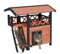 PawHut Outdoor Cat House with Balcony Stairs Roof, Brown, Brown