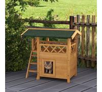 PawHut Outdoor Cat House w/ Balcony Stairs Roof - Natural wood finish - 77 x 50 x 73 cm - Cat House