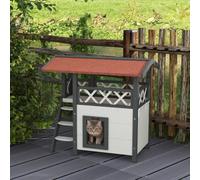 Pawhut Outdoor Cat House W/ Balcony Stairs Roof, White