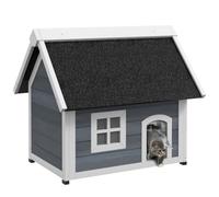 PawHut Outdoor Cat House, Wooden Feral Cat Shelter, Water-Resistant Hide Home with Openable Asphalt Roof, Three Doors, 77 x 57.5 x 68cm - Grey