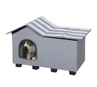 PawHut Outdoor Cat House, Weatherproof Feral Cat Cave with Elevated Base and Cushion for Winter, Pet House with Top Platform for Indoor Outdoor, Grey