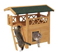 PawHut Outdoor Cat House with Balcony Stairs Roof, Natural Wood Finish