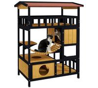 PawHut Outdoor Cat House Wooden Cat Shelter, 4 Tier with Suspension Bridge, Balcony, Escape Doors Water-Resistant Roof, for 1-2 Cats Yellow