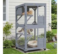 Pawhut Outdoor Catio, Wooden Cat House On Exercise Wheels Indoor Outdoor In Dark Grey Dark Grey
