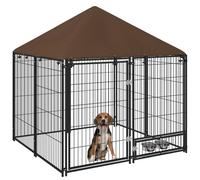 Pawhut Outdoor Dog House Kennel With Canopy Top & Lock Rotating Bowl Holder In Brown Brown