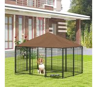 Pawhut Outdoor Dog House Kennel With Canopy Top & Lock Rotating Bowl Holder In Brown Brown