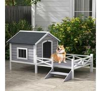 PawHut Outdoor Dog House with Porch, Wooden Dog Kennel with Water-resistant Asphalt Roof, Ladders, Fencing, Window, for Small and Medium Size, Grey Grey