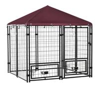 PawHut Outdoor Dog Kennel with Rotating Bowl Holders, Water and UV-Resistant Cover for Medium & Small Dogs, Red