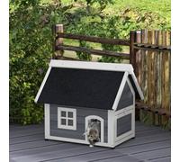 PawHut Outdoor Cat House, Wooden Feral Cat Shelter, Water-Resistant Hide Home with Openable Asphalt Roof, Three Doors, 77 x 57.5 x 68cm - Grey