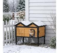 PawHut Wooden Outdoor Cat House with Removable Insulated Liner | Insulated Outdoor Indoor Cat Shelter, Weatherproof Asphalt Roof, Raised Base, Wide Side Cleaning Door, PVC Curtain