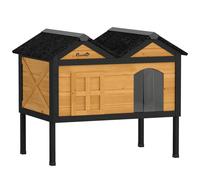 PawHut Wooden Cat House Outdoor Indoor with Weatherproof Asphalt Roof, Side Cleaning Door, PVC Curtain