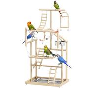 PawHut Parrot Play Stand 95 cm Wooden with Ladders, Chain Toy for Finches | Bird Playground, Stainless Steel Cups, Tray, Bird Cage Accessories, for Parakeets, Cockatiels, Lovebirds, Budgie, Indoor Use