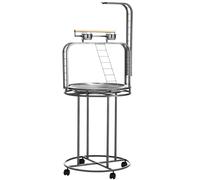 PawHut Parrot Stand Large Bird Perch Stand with Toy Hook & 3 Ladders Parrot Perch with Easy Grip Bird Wooden Stand Gray