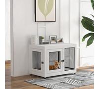 PawHut Dog Crate Furniture End Table w/Soft Washable Cushion, Two Doors, Indoor Pet Kennel for Small Medium Large Dogs w/Wire Mesh, White