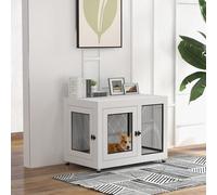 PawHut Dog Crate Furniture End Table w/Soft Washable Cushion, Two Doors, Indoor Pet Kennel for Small Medium Large Dogs w/Wire Mesh, White