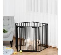 PawHut Pet Safety Gate, 5 Panels Playpen Fireplace, Metal Fence, Stair Barrier, Room Divider w/ Walk-Through Door - Black Black