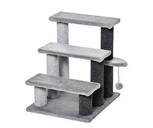 PawHut Pet Stairs, Cat Tree Climb Ladder with 3-step Stair, Scratching Posts, Platforms, Toy Ball, for Indoor Cats, Grey