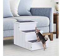 PawHut 3 Step Wooden Dog Steps Pet Stairs Cat Ladder for Bed with Storage White
