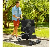 PawHut Dog Pram Cat Stroller Dog Stroller with Cup Holder, Bottom Storage Pocket & Zipper to Keep Your Pet Securely Strapped in, Black Aosom UK