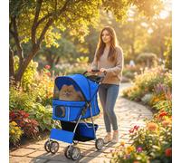 Pawhut Pet Stroller Carrier Foldable Deluxe Walk Travel Dog, Blue Blue