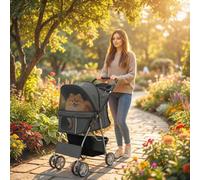 Pawhut Pet Stroller Carrier Foldable Deluxe Walk Travel Dog, Dark Grey