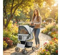 PawHut Pet Stroller Carrier Foldable Deluxe Walk Travel Dog, Grey - Grey - 77 x 44 x 102 cm - Dog Stroller