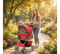 Pawhut Pet Stroller Carrier Foldable Deluxe Walk Travel Dog, Red Red