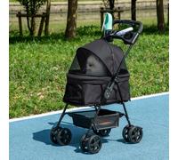 PawHut Dog Pram Dog Stroller Foldable Pet Pushchair with 4 Wheels, Safety Leashes, Cup Holder for Small Dogs, Black