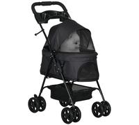 PawHut Pet Stroller Foldable Travel Carriage w/ Brake Basket Canopy - Black | TJ Hughes