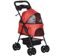 PawHut Pet Stroller Foldable Travel Carriage w/Brake Basket Canopy, Red