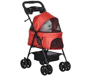 PawHut Pet Stroller Foldable Travel Carriage w/Brake Basket Canopy, Red