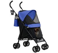 PawHut Pet Stroller for Miniature Dogs, Foldable Dog Stroller with Shoulder Strap, 4 Wheels Pet Pram with Storage Bag, Cup Holder, Dark Blue