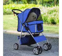 PawHut Pet Stroller for Small Miniature Dogs Cats Foldable Travel Carriage with Wheels Zipper Entry Cup Holder Storage Basket Blue