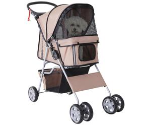 PawHut Pet Stroller for Small Miniature Dogs Cats Foldable Travel Carriage with Wheels Zipper Entry Cup Holder Storage Basket Grey Brown