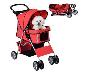 PawHut Pet Stroller for Small Miniature Dogs Cats with Wheels Red | Foldable Travel Carriage, Zipper Entry, Cup Holder, Storage Basket