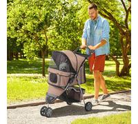 PawHut Dog Stroller, 3 Wheels Foldable Cat Dog Pram with Cup Holder, Storage Basket, Pet Stroller for Small Miniature Dogs, Brown
