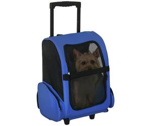 PawHut Pet Travel Backpack Bag Cat Puppy Dog Carrier w/ Trolley and Telescopic Handle Portable Stroller Wheel Luggage Bag (Blue)