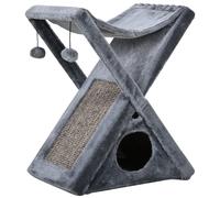 PawHut Two Tier Cat Tree for Indoor Cats Play Rest Activity Tower Plush Folding Relax Center w/Scratching Post Hammock Pom Poms Grey