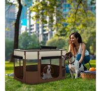 PawHut Dog Pen, Pet Playpen, Portable Foldable Dog Cat Playpen Soft Pet Cage with Storage Bag for Puppies, Rabbits, Kittens, Guinea Pigs, 84 x 64 x 53cm - Brown