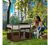 PawHut Portable Dog Pen for Puppies, Rabbits, Kittens, Guinea Pigs - Brown - Brown - Oxford fabric, Nylon mesh - 1