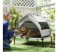 PawHut Elevated Dog Bed with Removable Canopy, Portable Cooling Raised Pet Cot with Breathable Mesh, Storage Bag, for Indoor Outdoor Use, for Medium Large Dogs, 92 x 75 x 89 cm, Light Grey