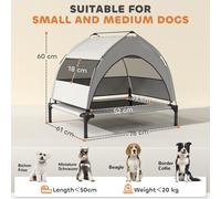 PawHut Elevated Dog Bed with Removable Canopy, Portable Cooling Raised Pet Cot with Breathable Mesh, Storage Bag, for Indoor Outdoor Use, for Small Medium Dogs, 76 x 61 x 60 cm, Light Grey
