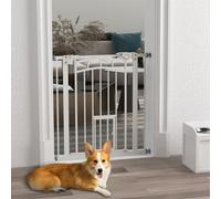 PawHut Dog Stair Gate Pet Barrier with Small Cat Door, Pressure Fit Safety Gate with Auto Closing System, Double Locking, for Hallways - White White