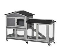 PawHut Rabbit Hutch, Bunny Cage Outdoor 2-Tier w/ Wheels & Tray, Grey